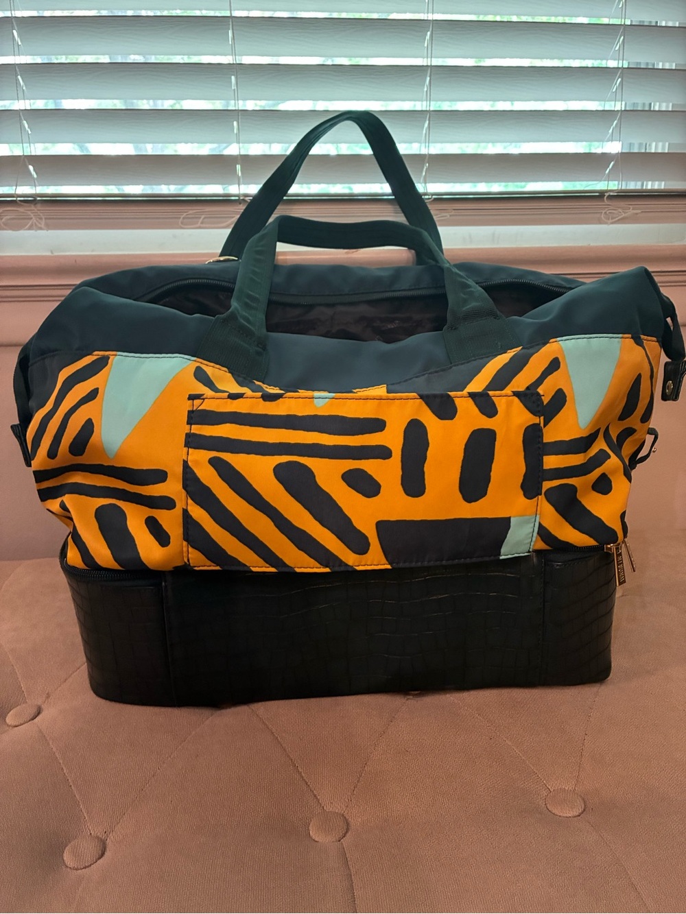 Women’s Patterned Travel Duffel Bag - Dark Green, Orange & Teal